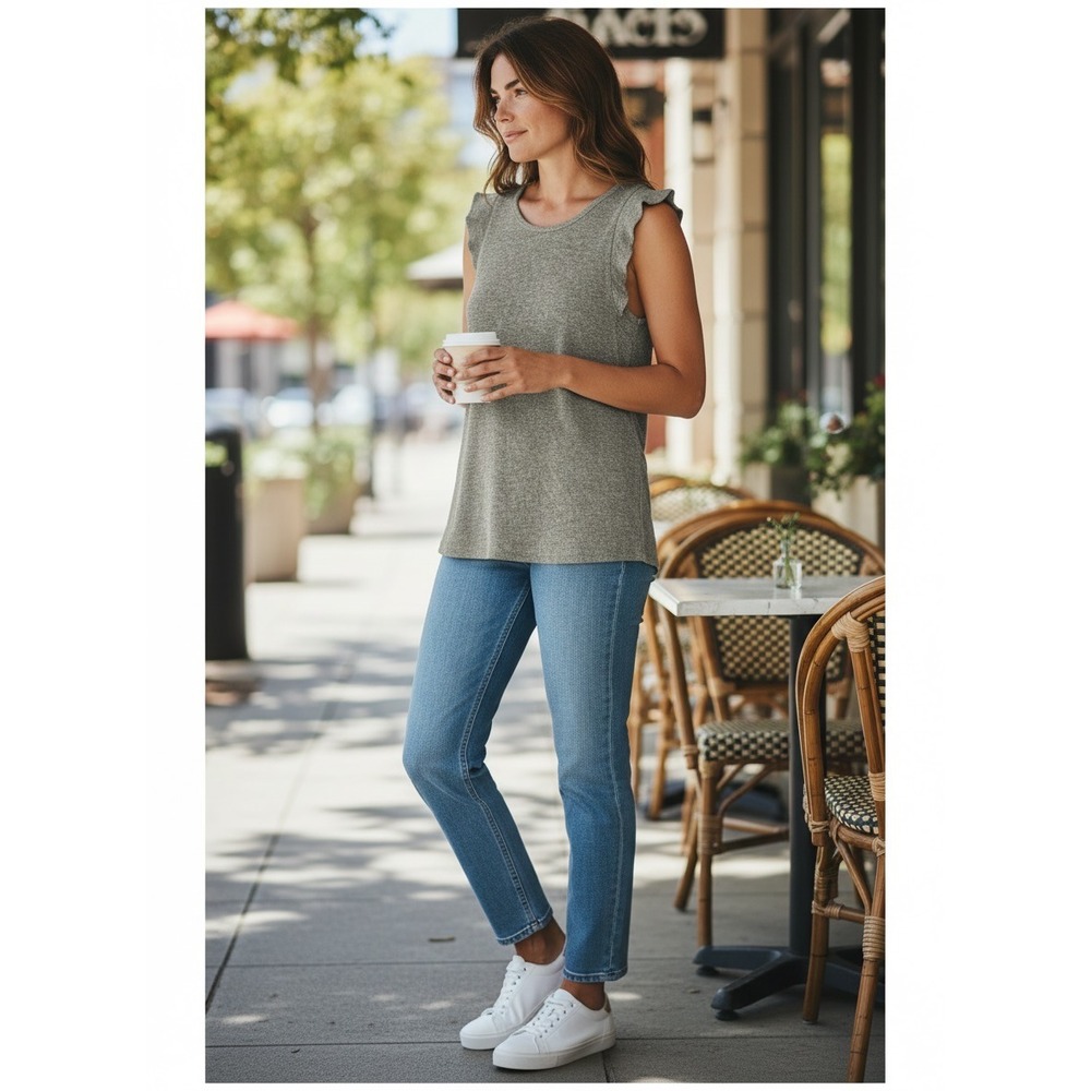 Madewell Ruffle Sleeve Metallic Ribbed Tank‎ Top Silver Gold XS